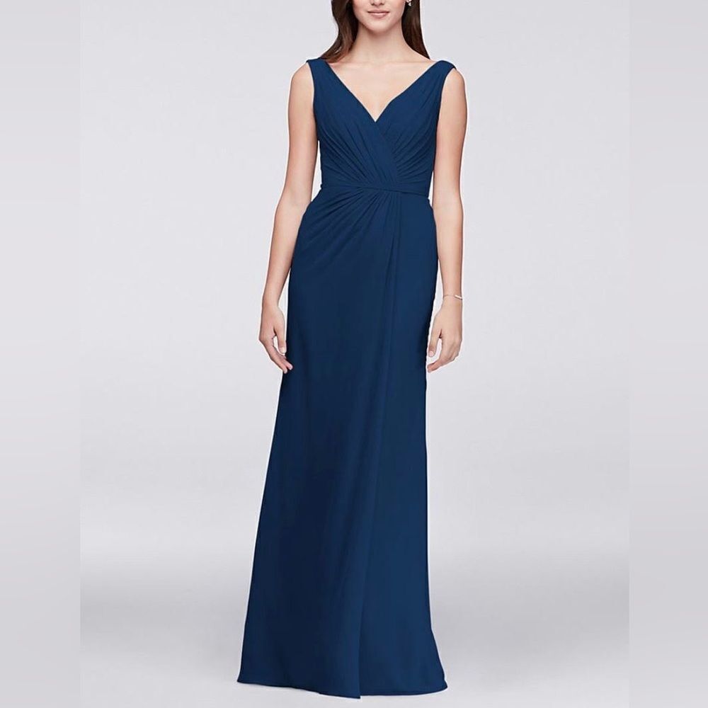 Davids Bridal faux wrap pleated chiffon maxi v neck dress marine navy